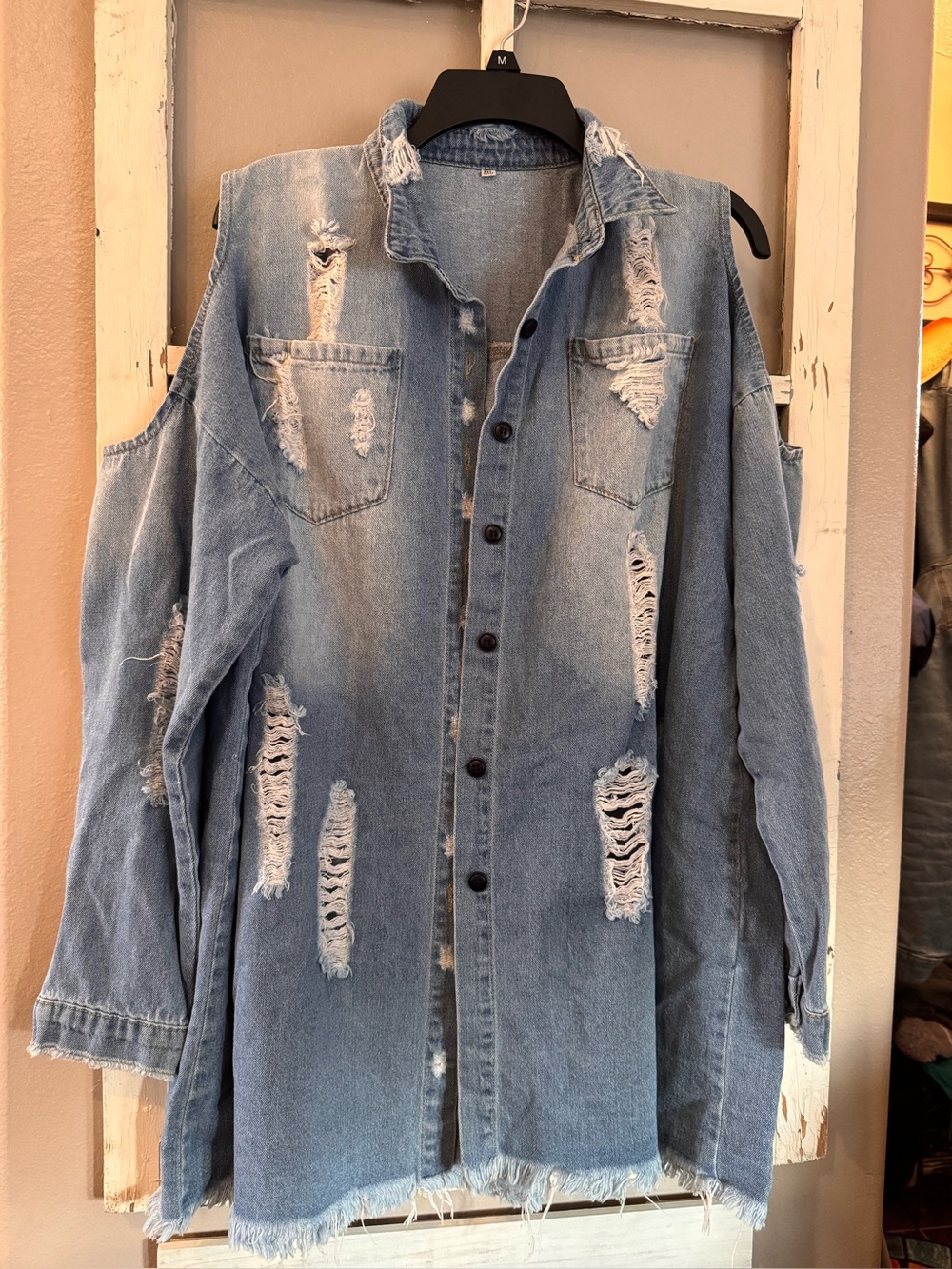Distressed Light/medium Blue Denim shirt-  Jacket with cut out shoulders - New!